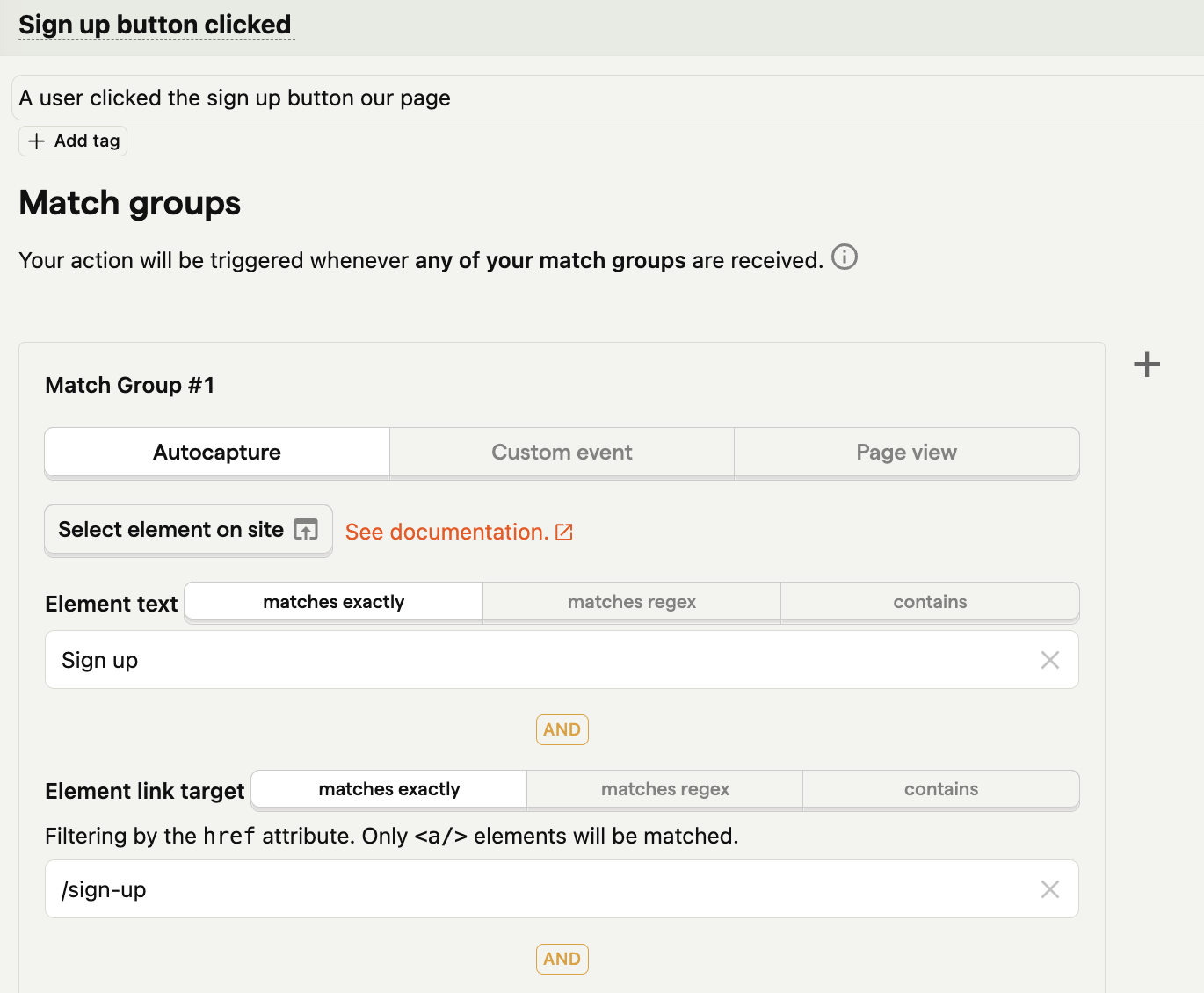 form with the field 'Link target equals' and 'Text equals' set to '/sign-up' and 'Sign up' respectively